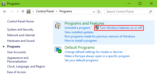 Нажмите Включить или отключить функции Windows, чтобы открыть Функции Windows