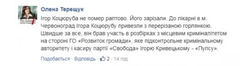 В разговоре со СМИ Елена Терещук заявила, что получила информацию об убийстве от сотрудника правоохранительных органов и один из членов ОО Развитие общества, однако отказалась от дальнейших комментариев