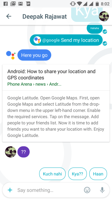 Еще одна вещь, которую хорошо делает Google Allo - это предсказывать ответы (и это работает и на хинди)